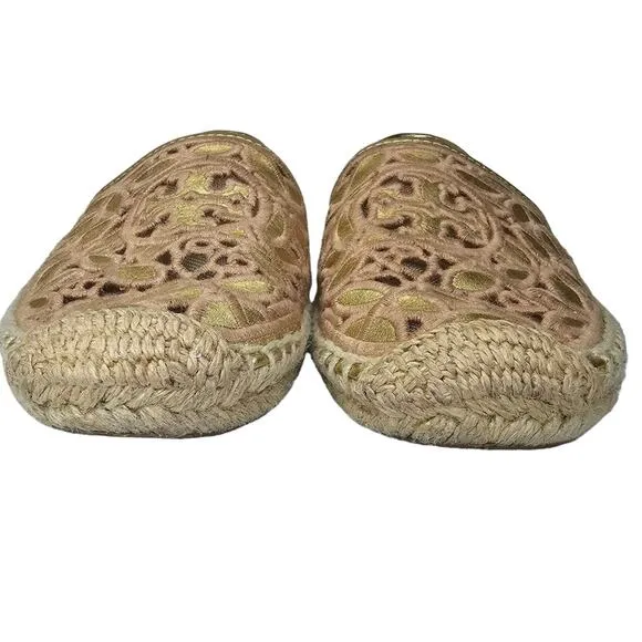 Tory Burch Espadrilles Women's Size 7 Rhea Floral Lace Metallic Gold Slip On