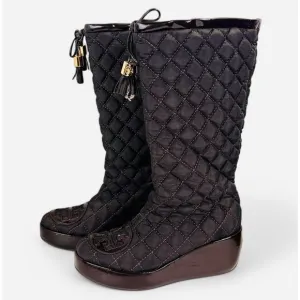 Tory‎ Burch GIGI 2 Boots Sz 6 Brown Quilted Wedge Platform Nylon Leather Snow