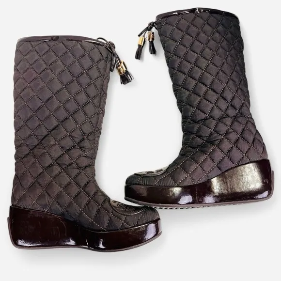 Tory‎ Burch GIGI 2 Boots Sz 6 Brown Quilted Wedge Platform Nylon Leather Snow