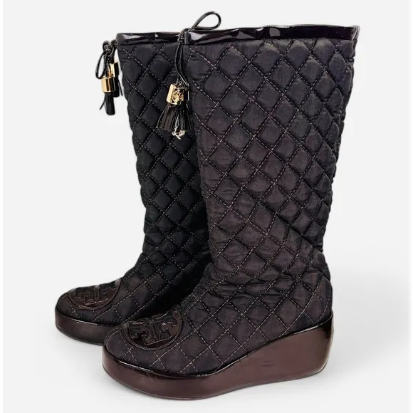 Tory‎ Burch GIGI 2 Boots Sz 6 Brown Quilted Wedge Platform Nylon Leather Snow