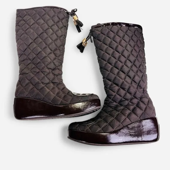 Tory‎ Burch GIGI 2 Boots Sz 6 Brown Quilted Wedge Platform Nylon Leather Snow