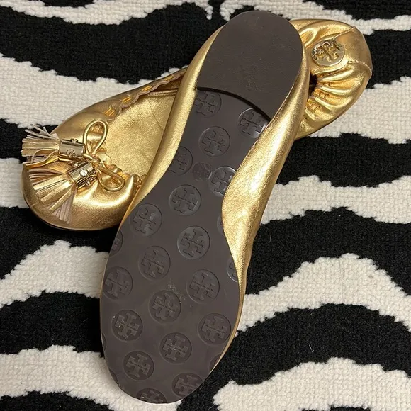 Tory Burch Gold 'Reese' Metallic Tassle Ballet Flats