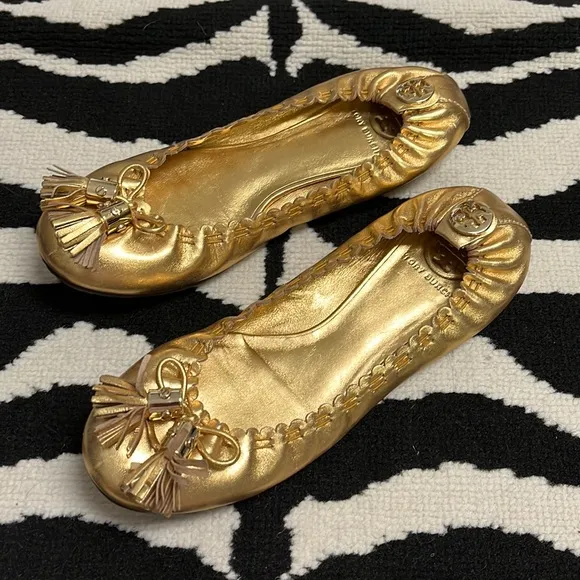 Tory Burch Gold 'Reese' Metallic Tassle Ballet Flats