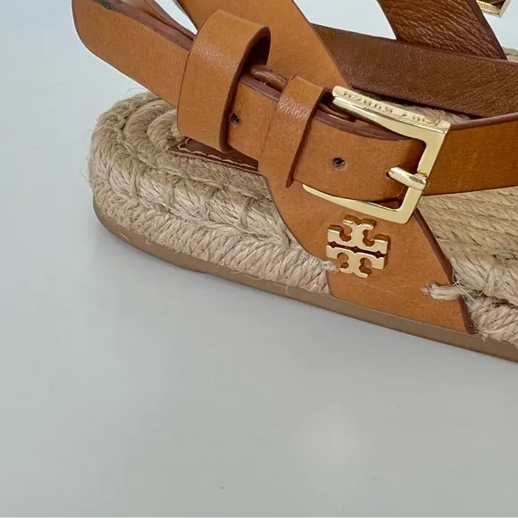 TORY BURCH Green Beige Leather Canvas Buckle Strap Wrap Flat Espadrilles Sz 10.5