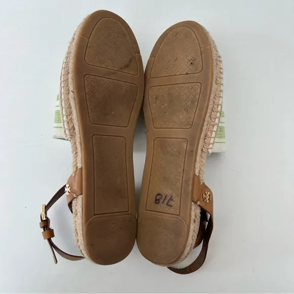 TORY BURCH Green Beige Leather Canvas Buckle Strap Wrap Flat Espadrilles Sz 10.5