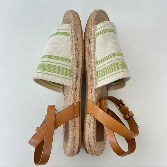 TORY BURCH Green Beige Leather Canvas Buckle Strap Wrap Flat Espadrilles Sz 10.5