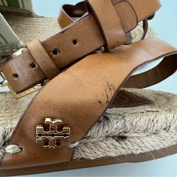 TORY BURCH Green Beige Leather Canvas Buckle Strap Wrap Flat Espadrilles Sz 10.5