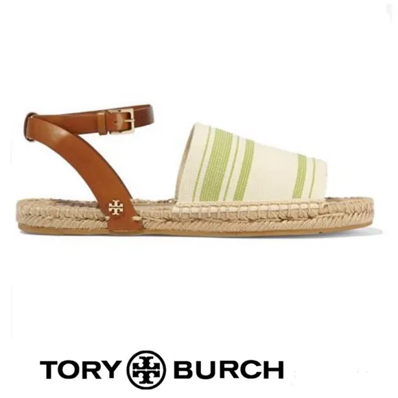 TORY BURCH Green Beige Leather Canvas Buckle Strap Wrap Flat Espadrilles Sz 10.5