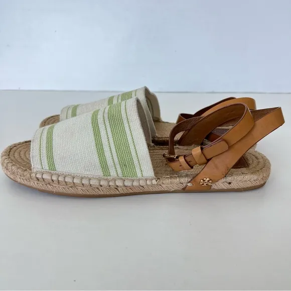 TORY BURCH Green Beige Leather Canvas Buckle Strap Wrap Flat Espadrilles Sz 10.5