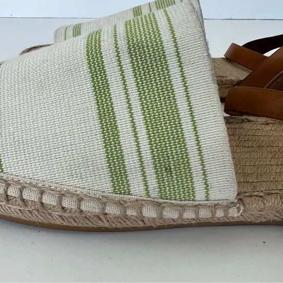 TORY BURCH Green Beige Leather Canvas Buckle Strap Wrap Flat Espadrilles Sz 10.5