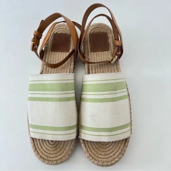 TORY BURCH Green Beige Leather Canvas Buckle Strap Wrap Flat Espadrilles Sz 10.5