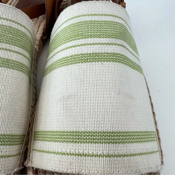 TORY BURCH Green Beige Leather Canvas Buckle Strap Wrap Flat Espadrilles Sz 10.5