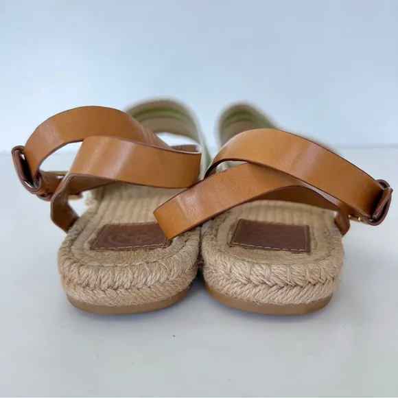 TORY BURCH Green Beige Leather Canvas Buckle Strap Wrap Flat Espadrilles Sz 10.5