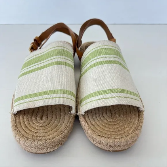 TORY BURCH Green Beige Leather Canvas Buckle Strap Wrap Flat Espadrilles Sz 10.5