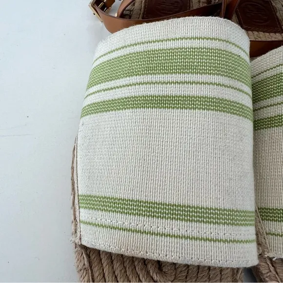 TORY BURCH Green Beige Leather Canvas Buckle Strap Wrap Flat Espadrilles Sz 10.5