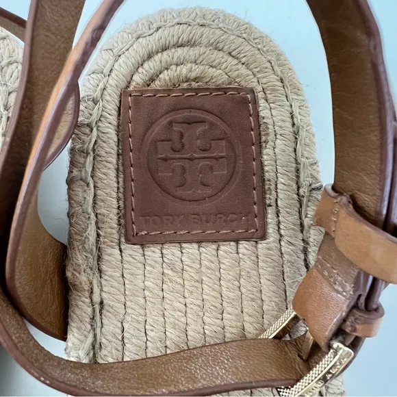TORY BURCH Green Beige Stretch Canvas Leather Strap Flat Espadrilles Sz 10.5