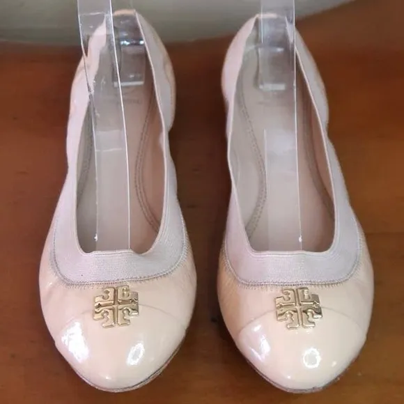 Tory Burch Jolie Ballet Flats Patent Leather Cap Toe Light Oak Womens US 8M