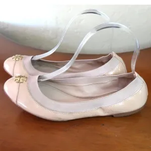 Tory Burch Jolie Ballet Flats Patent Leather Cap Toe Light Oak Womens US 8M