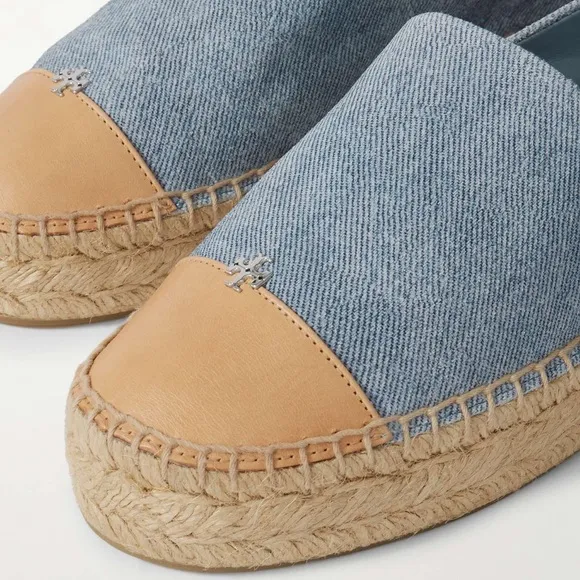 TORY BURCH Lace-up embellished leather-trimmed platform espadrilles Size 6.5