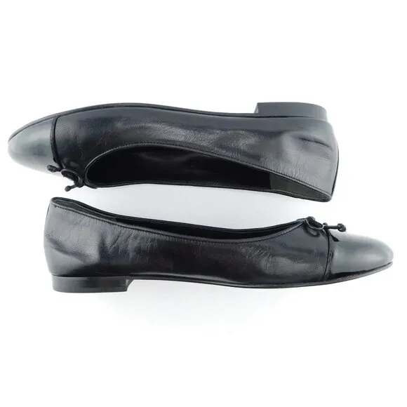 TORY BURCH Logo Bow Cap Toe Black Leather Ballet Flats 10