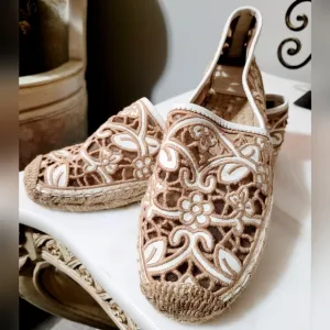 Tory Burch Lucia Embroidered Lace Espadrilles Shoes Tan/White US 9 New