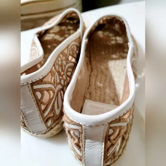 Tory Burch Lucia Embroidered Lace Espadrilles Shoes Tan/White US 9 New