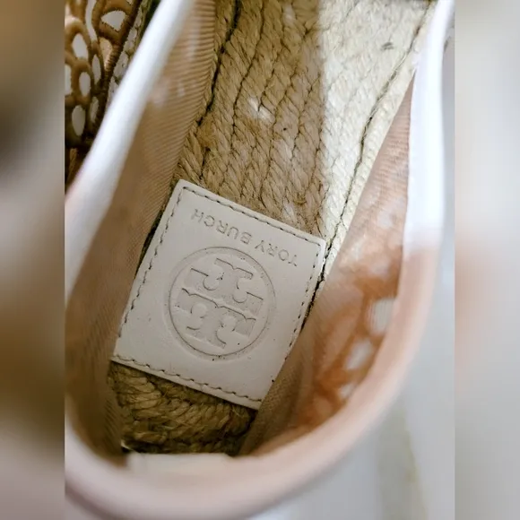 Tory Burch Lucia Embroidered Lace Espadrilles Shoes Tan/White US 9 New