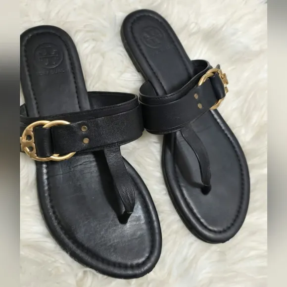 Tory Burch Marsden Flat Thong Black Summer Sandals Gold Buckle Women's Size 6