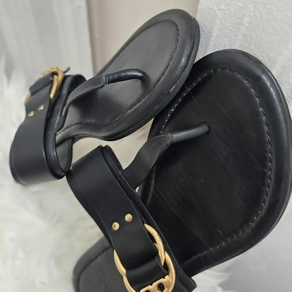 Tory Burch Marsden Flat Thong Black Summer Sandals Gold Buckle Women's Size 6