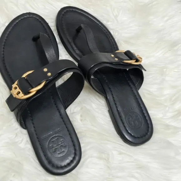 Tory Burch Marsden Flat Thong Black Summer Sandals Gold Buckle Women's Size 6