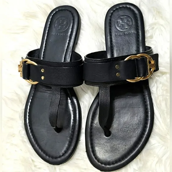 Tory Burch Marsden Flat Thong Black Summer Sandals Gold Buckle Women's Size 6