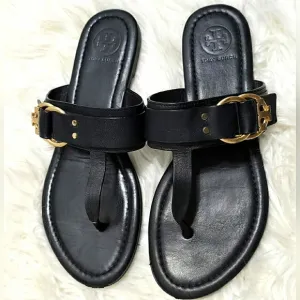 Tory Burch Marsden Flat Thong Black Summer Sandals Gold Buckle Women's Size 6