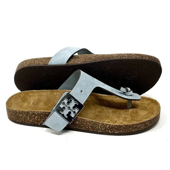 Tory Burch Mellow T-Strap Leather Sandals Aria Blue NIB