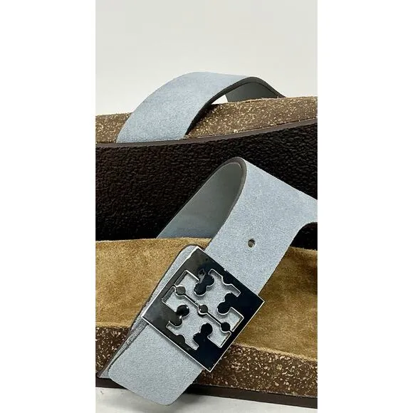 Tory Burch Mellow T-Strap Leather Sandals Aria Blue NIB
