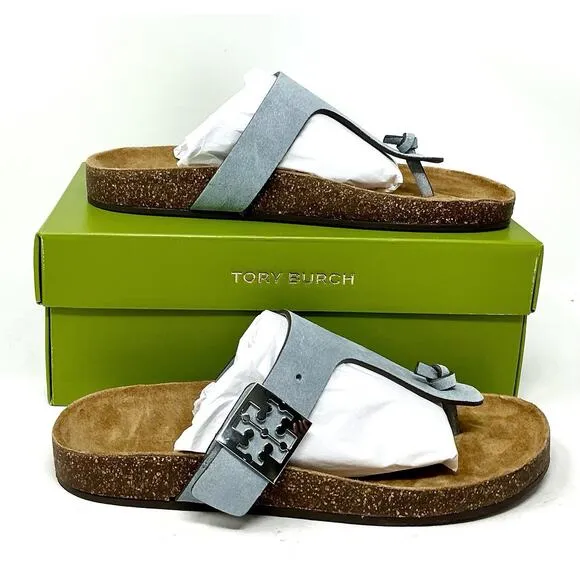 Tory Burch Mellow T-Strap Leather Sandals Aria Blue NIB