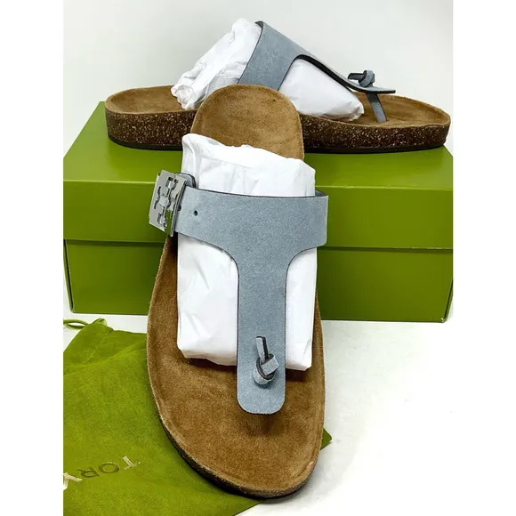 Tory Burch Mellow T-Strap Leather Sandals Aria Blue NIB