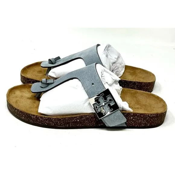 Tory Burch Mellow T-Strap Leather Sandals Aria Blue NIB