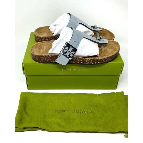 Tory Burch Mellow T-Strap Leather Sandals Aria Blue NIB