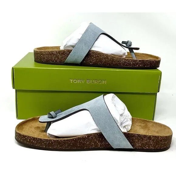 Tory Burch Mellow T-Strap Leather Sandals Aria Blue NIB