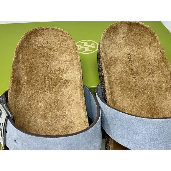 Tory Burch Mellow T-Strap Leather Sandals Aria Blue NIB