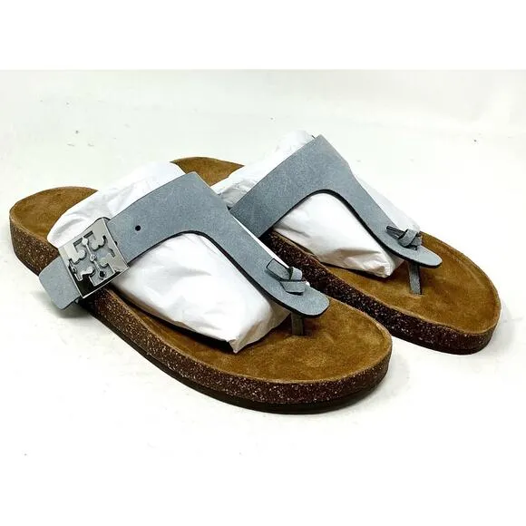 Tory Burch Mellow T-Strap Leather Sandals Aria Blue NIB
