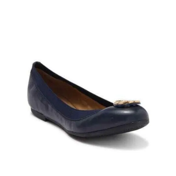Tory Burch Nappa Leather Claire Elastic Ballet Flats in Royal Navy/Gold