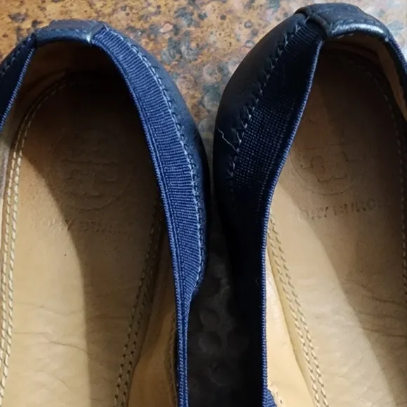 Tory Burch Nappa Leather Claire Elastic Ballet Flats in Royal Navy/Gold