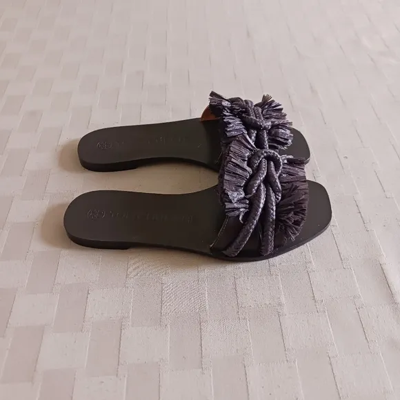 Tory Burch Raffia Fringe Rope Flat Slide Sandals