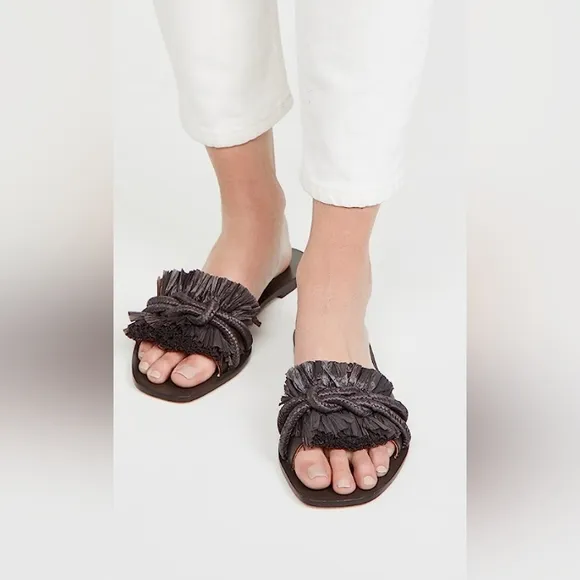 Tory Burch Raffia Fringe Rope Flat Slide Sandals