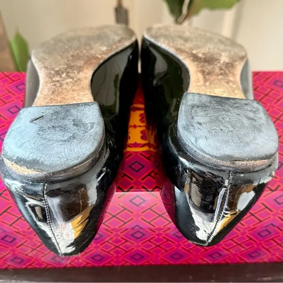 Tory Burch Raleigh Black Leather Ballet Black Gold Size 10