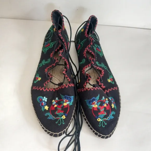 TORY BURCH SONOMA EMBROIDERED espadrilles LACE UP FLATS 9