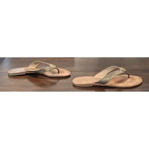 Tory Burch Thora Plated Snake Leather Gold Thong Flat Sandals Women's Sz 7