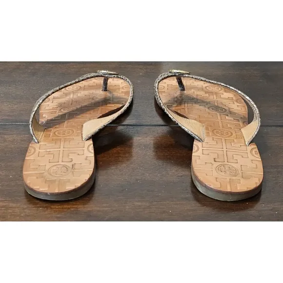 Tory Burch Thora Plated Snake Leather Gold Thong Flat Sandals Women's Sz 7