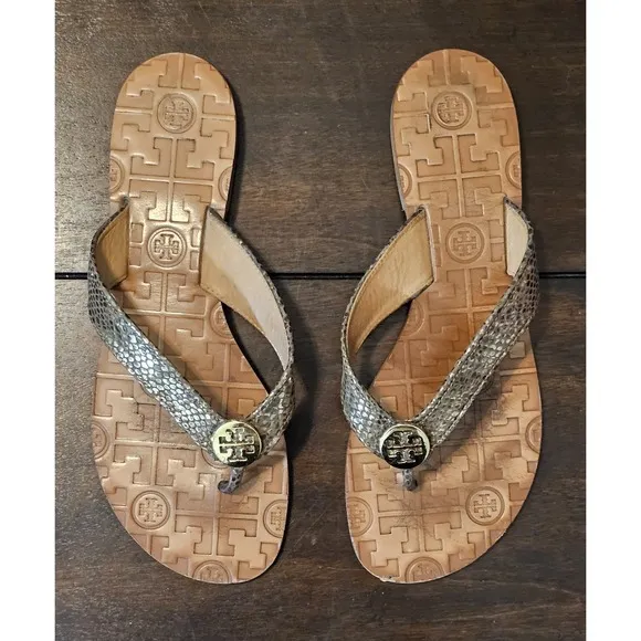 Tory Burch Thora Plated Snake Leather Gold Thong Flat Sandals Women's Sz 7